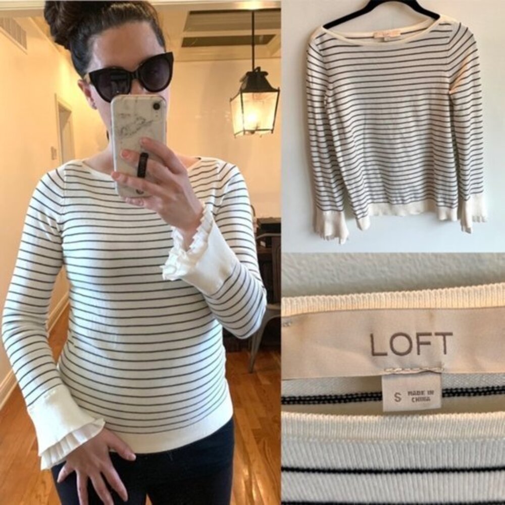 LOFT Cream Stripe Sweater with Ruffle Cuff Size S